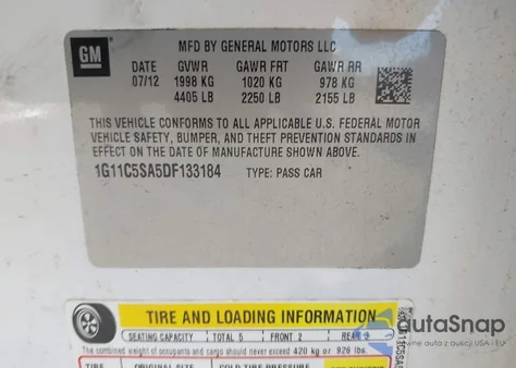 2013 Chevrolet Malibu 1Lt z USA, uszkodzony, nr VIN 1G11C5SA5DF133184